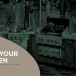 A green toned grill and outdoor kitchen set in the background with a tan section with text overtop reading "How to design your outdoor kitchen"