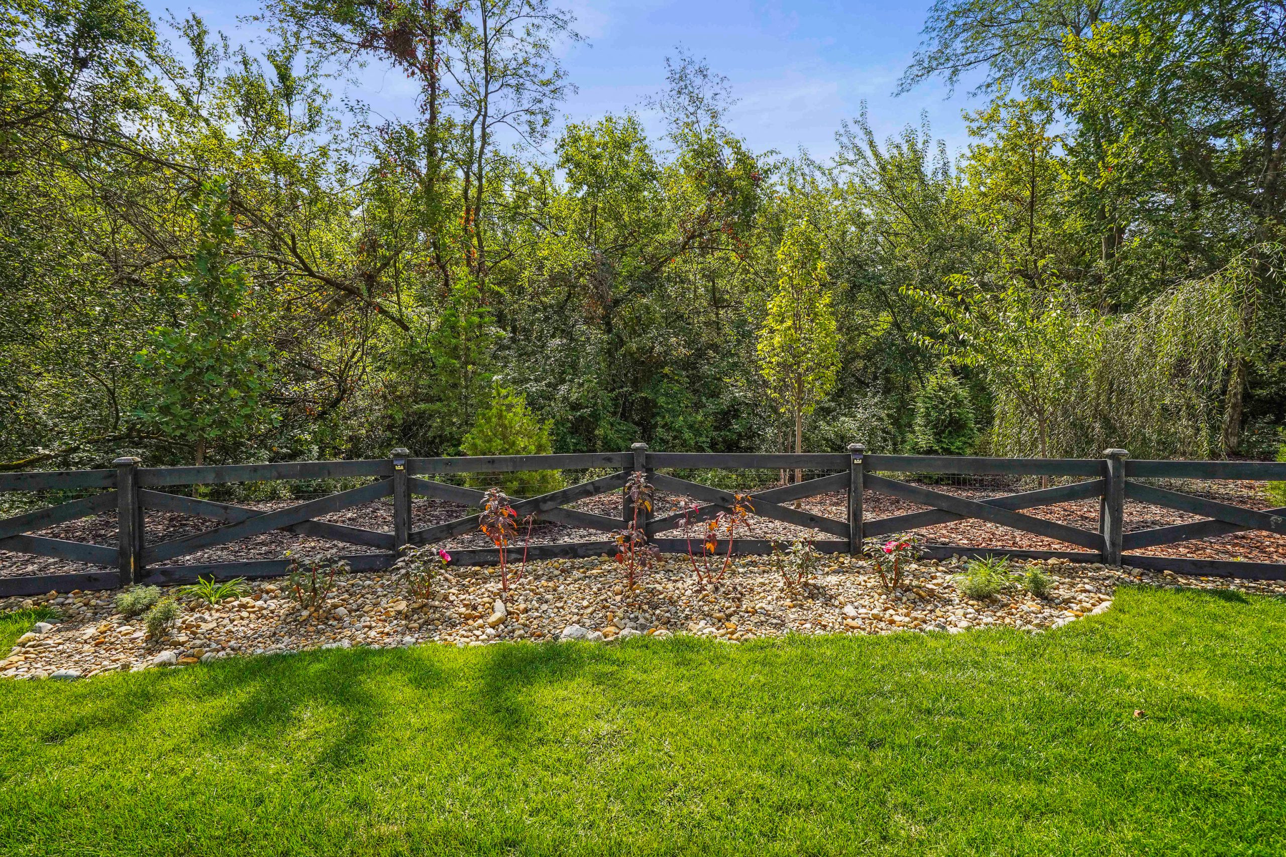 Fenced lawn with trees outside the fence