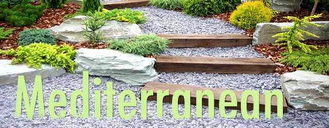 A closer image of a gravel path with long gravel stairs leading out of frame with the word "Mediterranean" set in the image to be sitting on the gravel in front of the stairs
