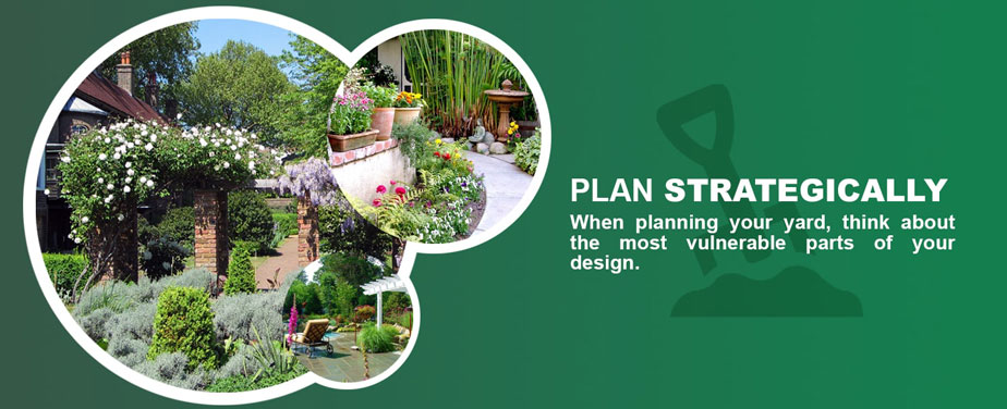Three circular overlapping images of different points of a backyard layout, including a brick arch over a pathway, multiple pots sitting on a concreate corner, and a sunbathing chair by the edge of a pool. To the right of the circles is text that reads "Plan Strategically. When planning your yard, think about the most vulnerable parts of your design."