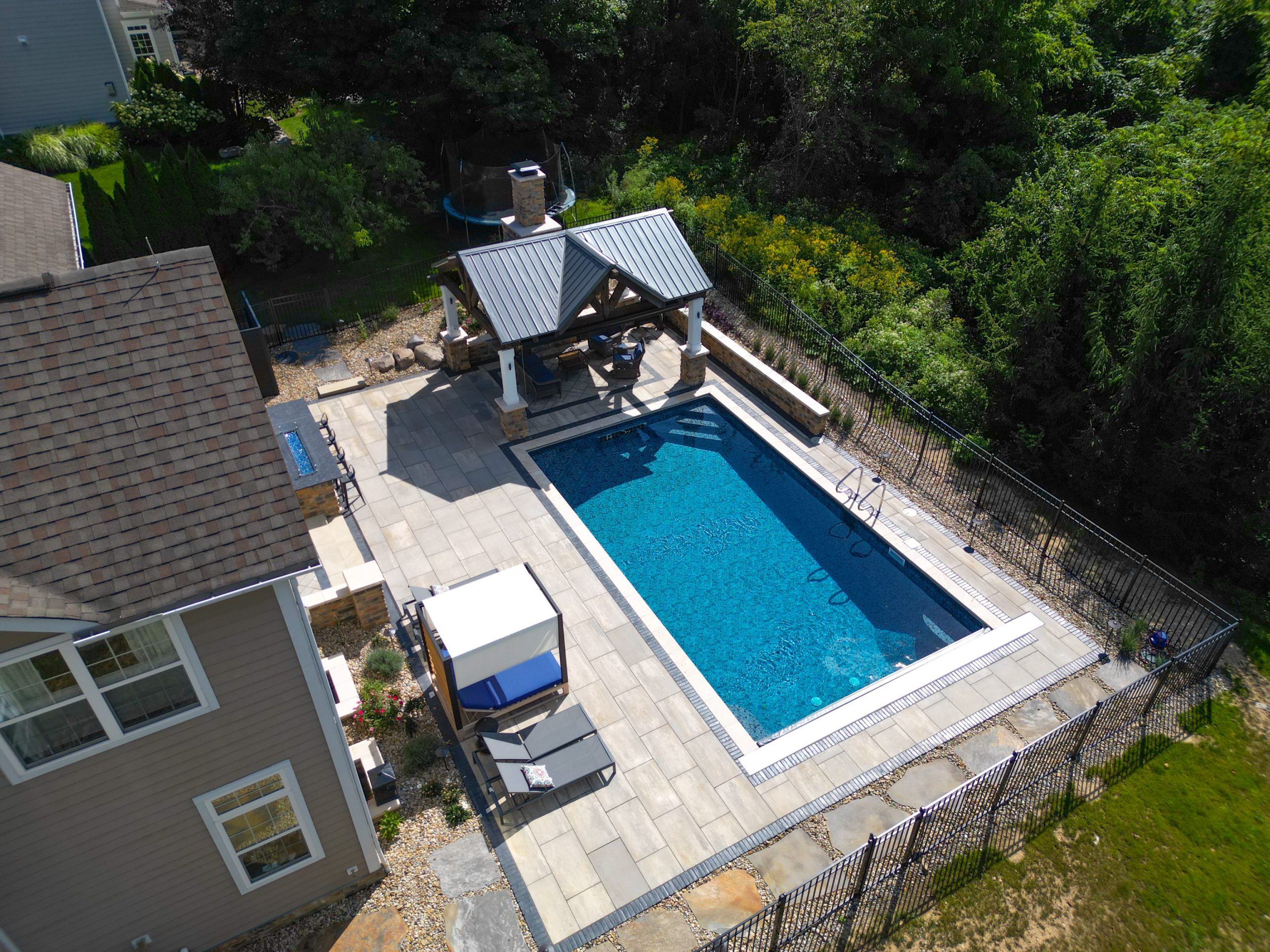 Top view of green vegetation around pool