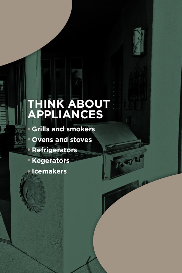 A green toned image of a grill and countertop at the corner of a house looking towards a covered patio, with text overtop reading "Think about appliances" followed by bullet points reading "Grills and smokers. Ovens and stoves. Refrigerators. Kegerators. Icemakers."